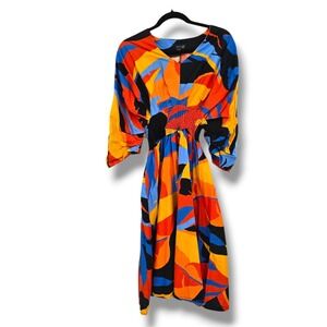 Ashro Dress Size 6 Multicolor Abstract Print Smocked Waist 3/4 Sleeve